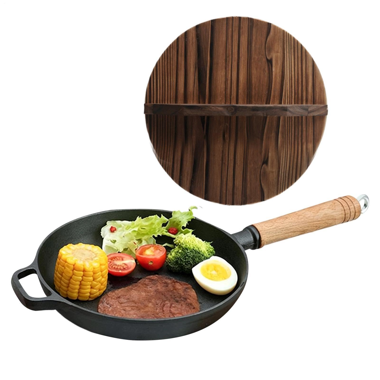 Sartenes De Hierro Fundido Cacerola Ergonómica Con Mango De Madera | Sartén Salteadora Con Tapa Para Hornear Tortilla Pescado Huevos Panqueques Bistecs Hogar Restaurante Camping Cocina