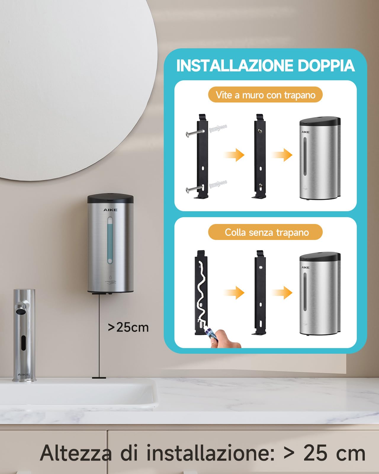 AIKE AK1205E Dispenser di Sapone Automatico da Parete, Grande Capacità in Acciaio Inox per Sala da Pranzo e Bagno