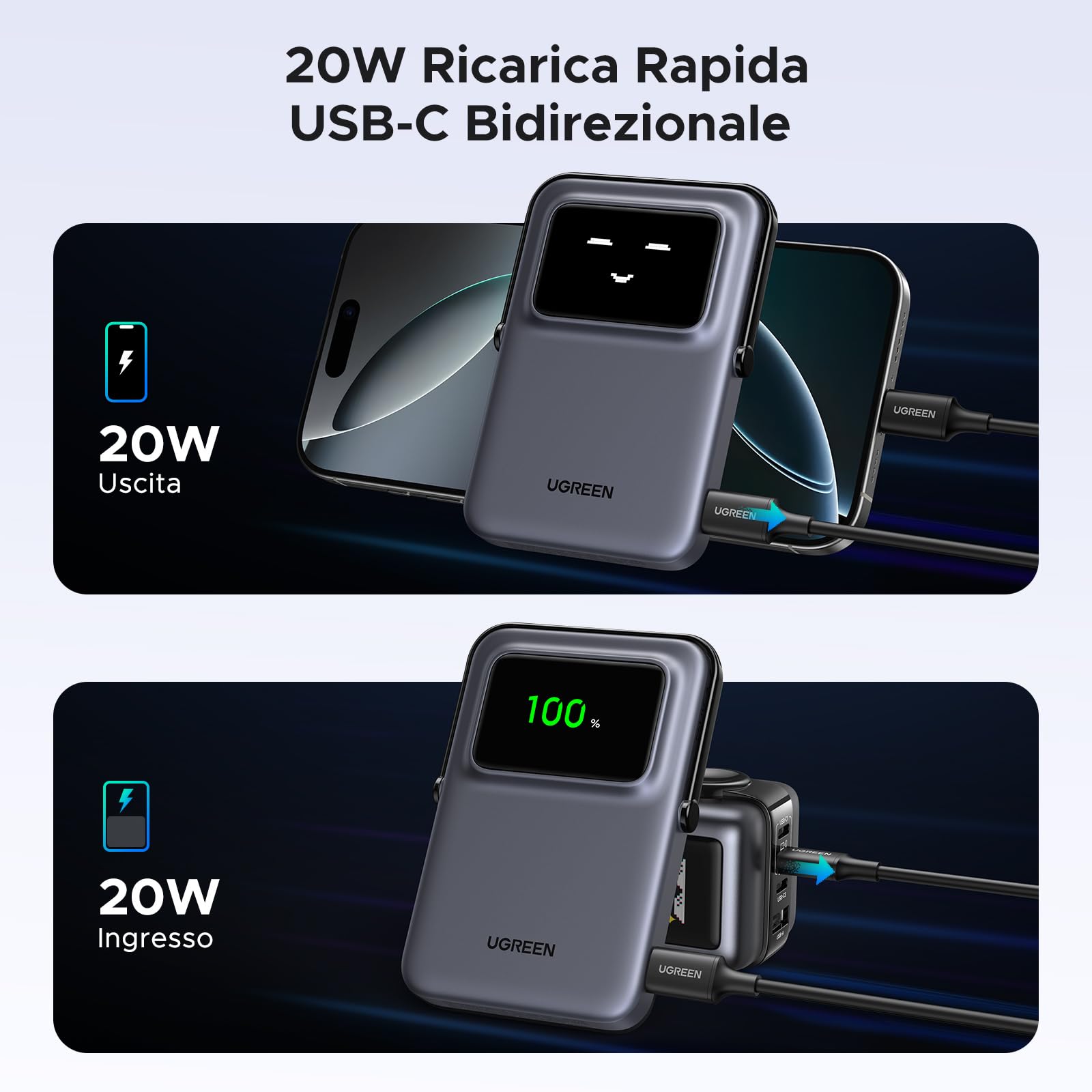 UGREEN Uno Power Bank Magnetico 5000mAh, Caricatore Portatile Wireless PD 20W con Display e Supporto, Compatibile con iPhone 16/15/14/13/12 Mini Plus PRO Max (Nero)