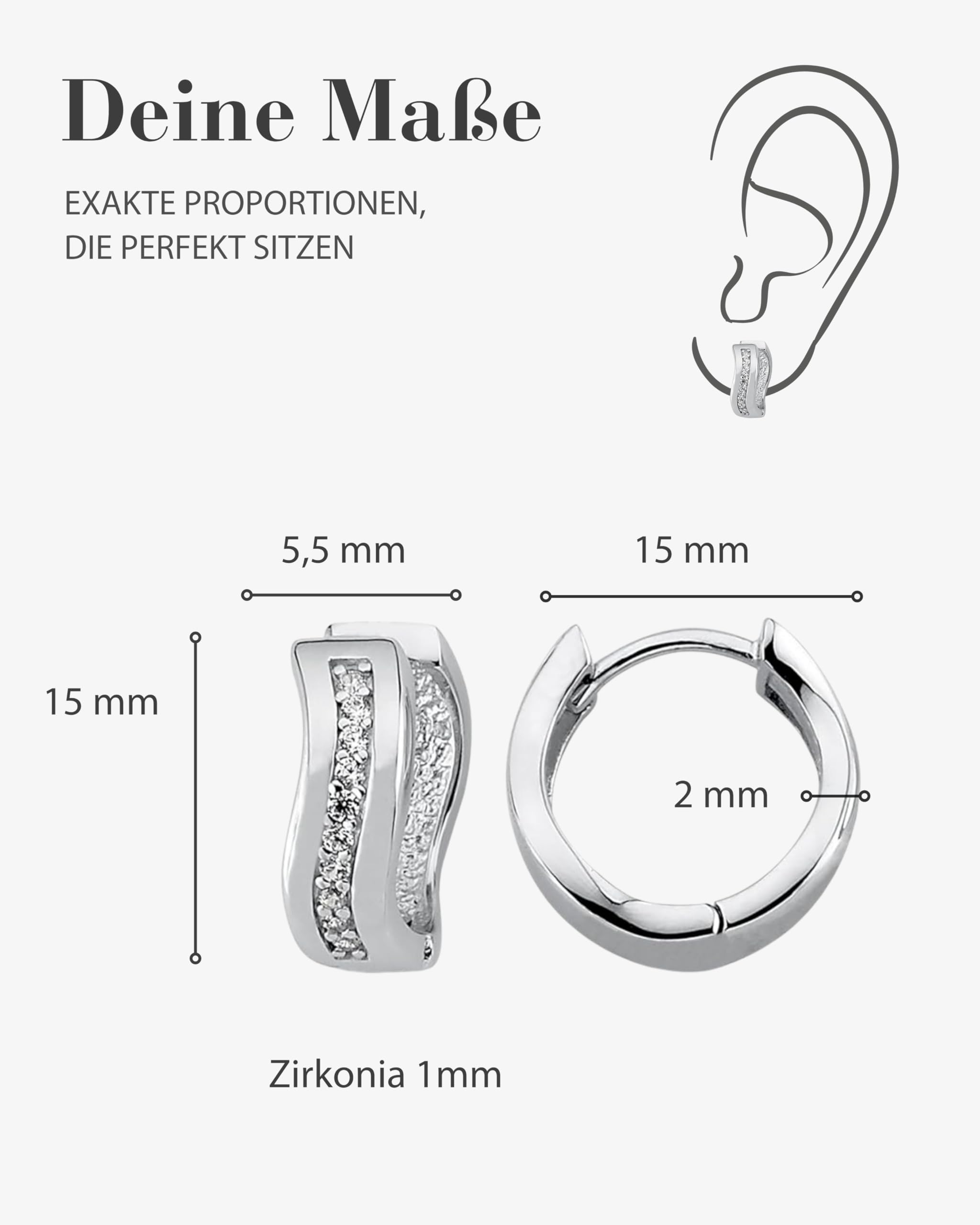 Vinani Klapp-Creolen Zirkonia weiß glänzend geschwungen Sterling Silber 925 Ohrringe 2CGZ