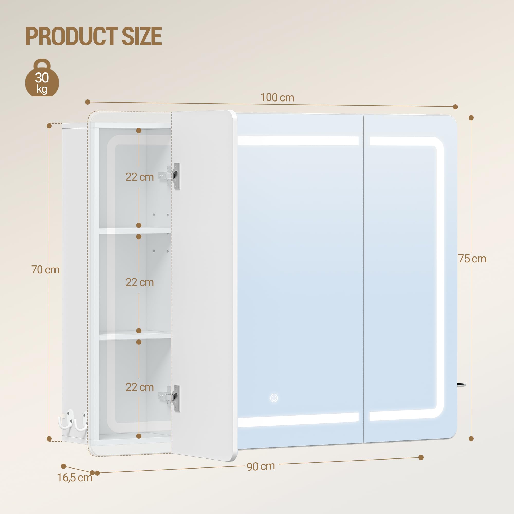 Hzuaneri Spiegelschrank Bad mit LED-Beleuchtung, Badezimmer Spiegelschrank, 3 Farbtemperatur Dimmbare, Badezimmerschrank mit Spiegel und Verstellbare Regale, 16,5 x 100 x 75 cm Weiß MC30303XEU