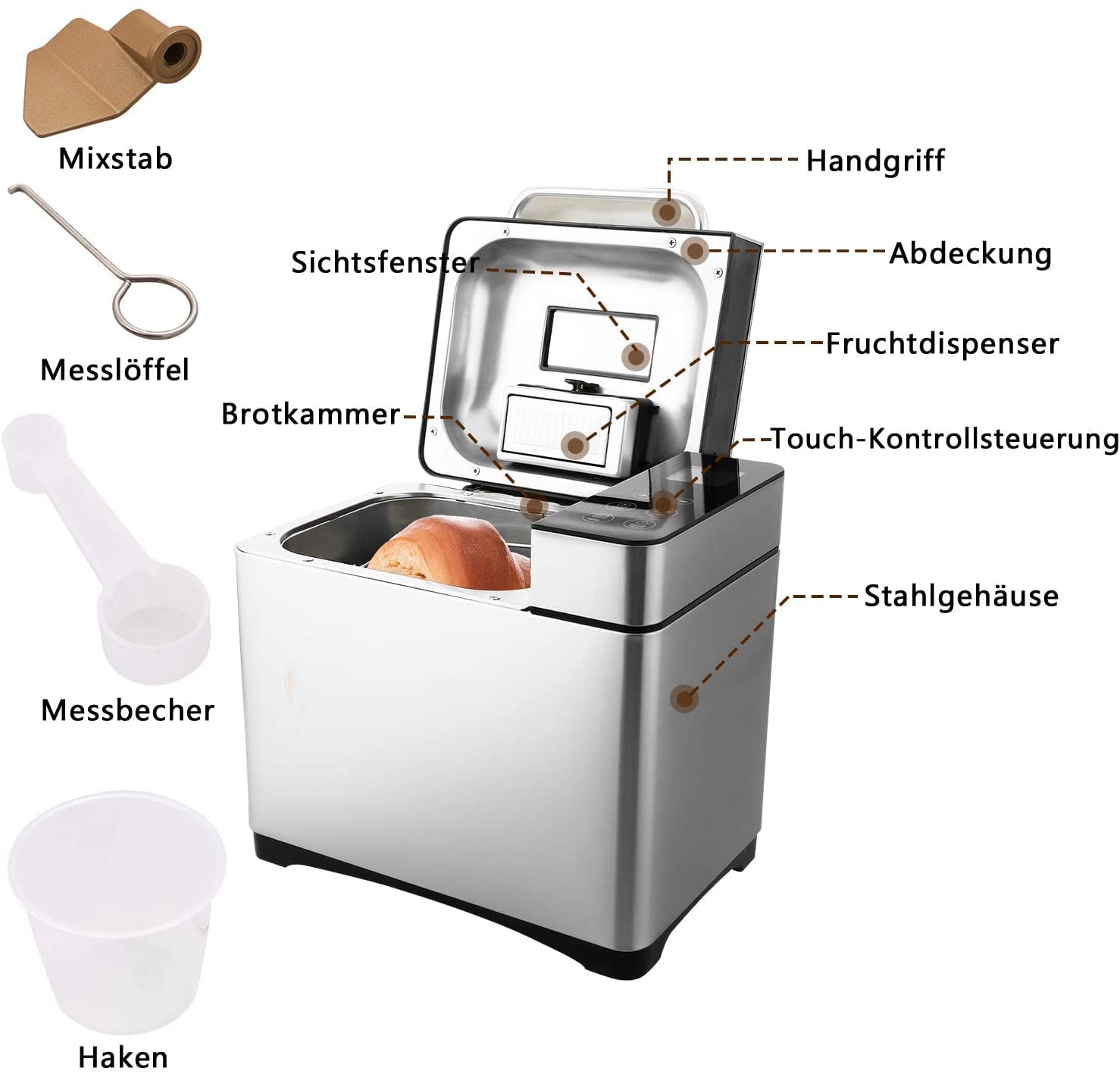 Macchina per il pane in acciaio inox, 19 programmi di cottura completamente automatica per 500 g, 750 g, 1000 g, timer di ritardo 15 ore con finestra con funzione di mantenimento del calore 710 W