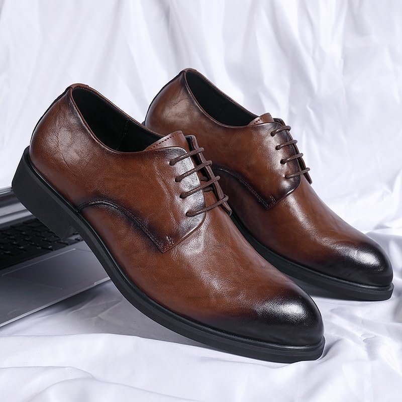 Shoes Dress Oxford for Men Lace Up Pointed Burnished Toe Vegan Leather Derby Shoes Low Top Anti-Slip Block Heel Party3