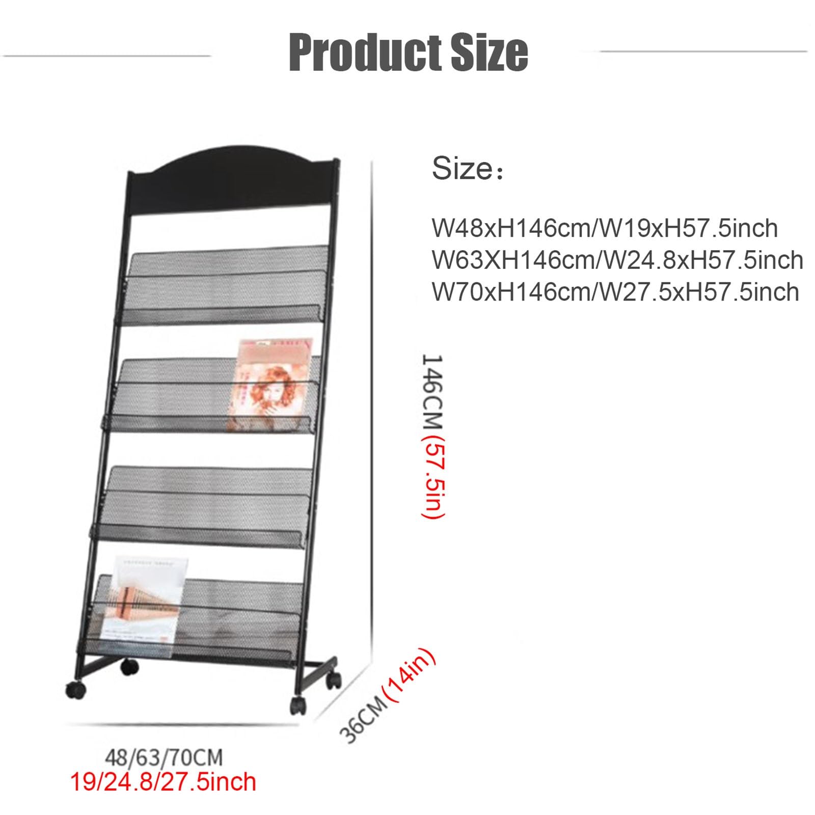 Portariviste da Pavimento per giornali, Portadocumenti in Ferro Nero a 4 Strati, espositore per Libri con 4 Ruote universali,70x146cm