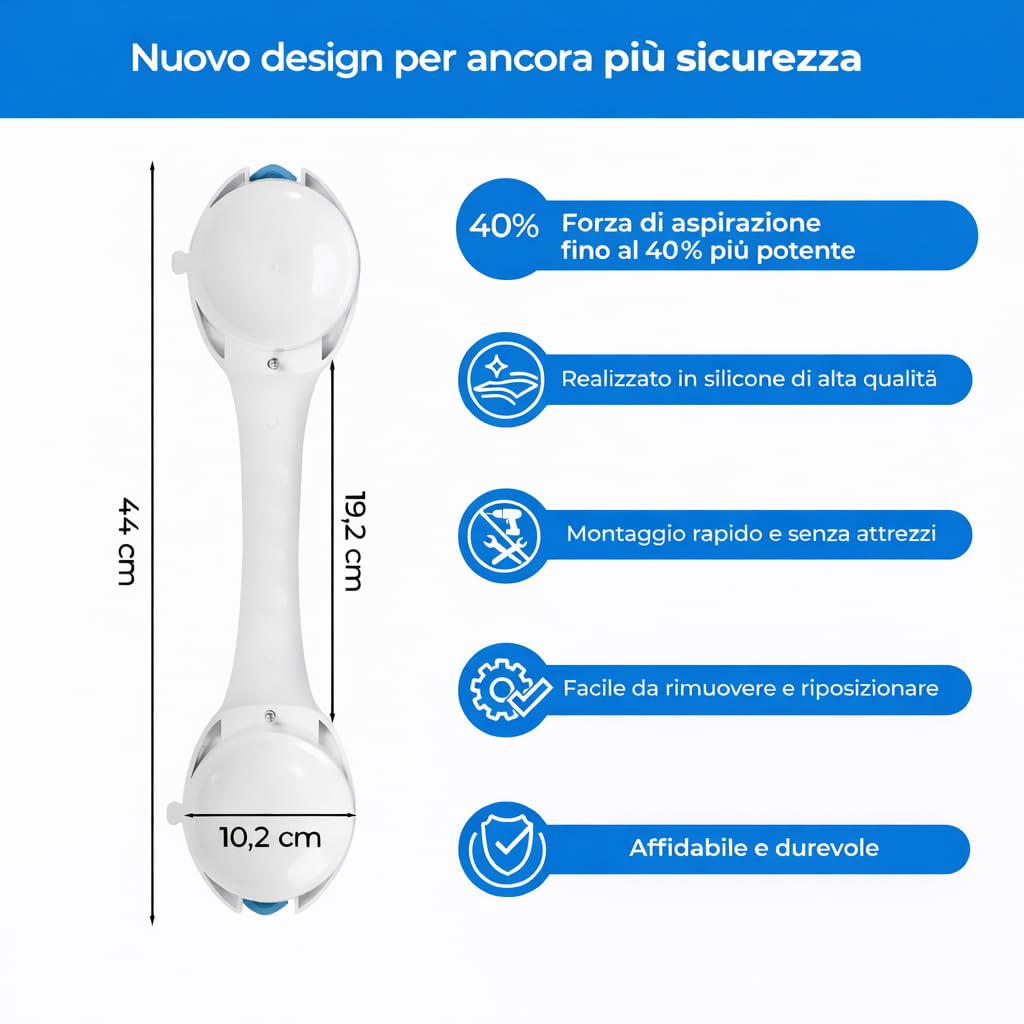 Maniglione Doccia a Ventosa Senza Fori – Maniglia Doccia Antiscivolo fino a 120 kg – Maniglione Bagno 44 cm per Doccia e Vasca – Ausilio Sicurezza per Anziani, Bambini e Persone con Mobilità Ridotta