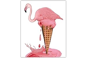 Pink Flamingo Strawberry Ice Cream Whimsical Wall Art Print
