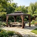 Hardtop Gazebo Permanent Metal Roof, Heavy Duty Outdoor Gazebo with Mosquito Netting & Privacy Curtains for Backyard Patio Deck (Brown, 10 * 12 FT)