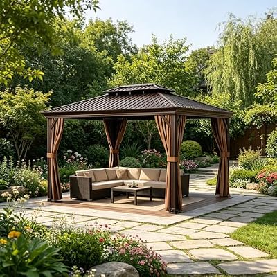 Hardtop Gazebo Permanent Metal Roof, Heavy Duty Outdoor Gazebo with Mosquito Netting & Privacy Curtains for Backyard Patio Deck (Brown, 10 * 12 FT)