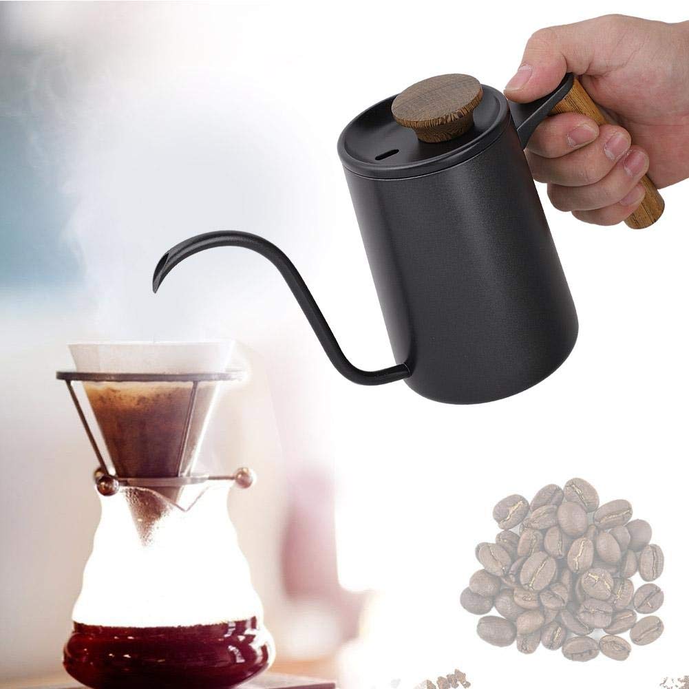 Fdit Caldera Larga del Canalón del Cuello de Cisne del Pote del Café del Goteo de la Manija del Acero Inoxidable de la Moda 600ml[Negro ]