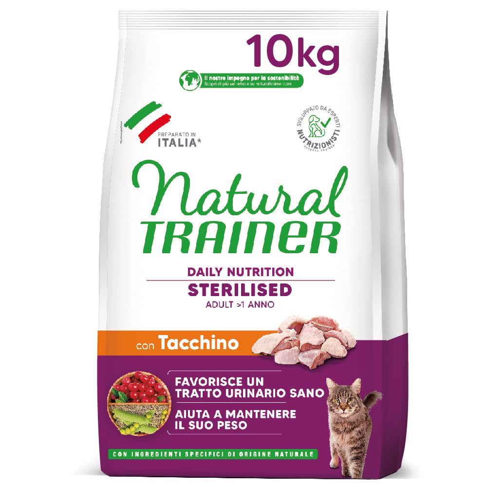 Trainer Natural Cat Sterilised Adult con Carni Bianche e Fibra di Pisello 10 Kg, 10000 Gr