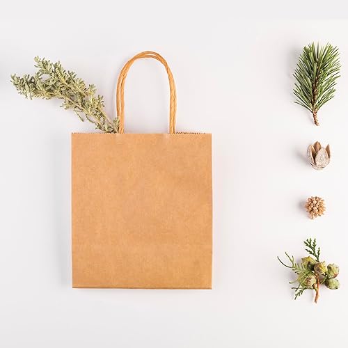 Miniatura 5 de TOWRAP Bolsas de papel marrón con asas, 100 bolsas de regalo Kraft de 5 x 3 x 5 pulgadas, a granel, bolsas de compras, bolsas de fiesta, bolsas de