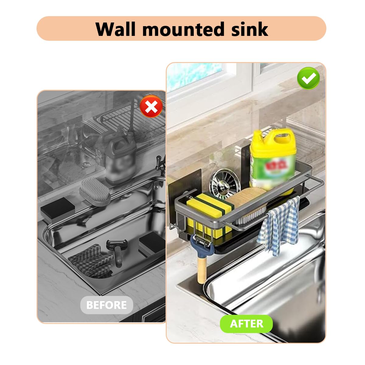 Porta Spugne Autoadesivo Per Cucina | Senza Foratura | Acciaio Inox Con Vassoio Rimovibile - Foto 6