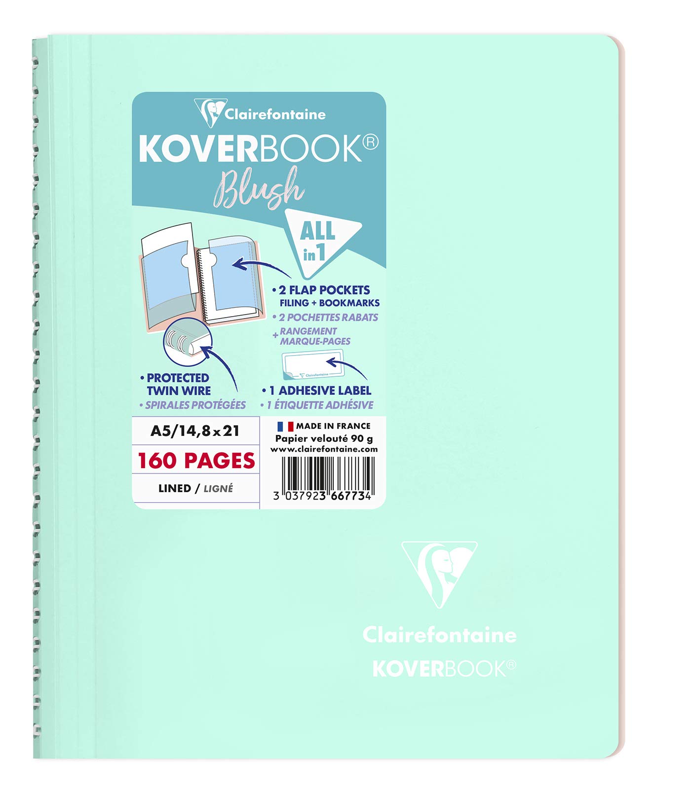 Clairefontaine 366773C Un quaderno a spirale Koverbook Blush Menthe à l'eau - A5 14, 8x21 cm - 160 pagine a righe, es - Carta bianca 90 g - copertina in polipropilene avvolgente