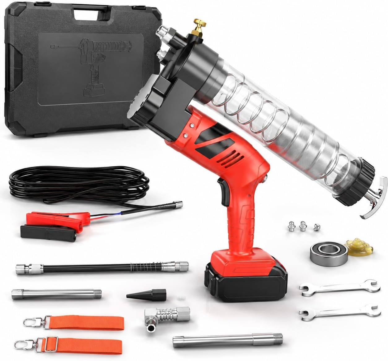 Ingrassatore elettrico senza fili, portatile, con pressione di 12.000 psi e flusso di 8 oz/min, per macchinari e veicoli.