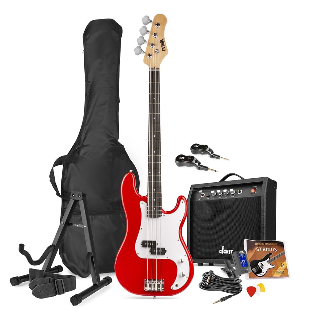 MAXGigKit Wireless Beginner Bass Guitar Set - Electric Starter Bass Pack with 40W Amplifier, Wireless System, Accessories & Online Lessons - Red Finish