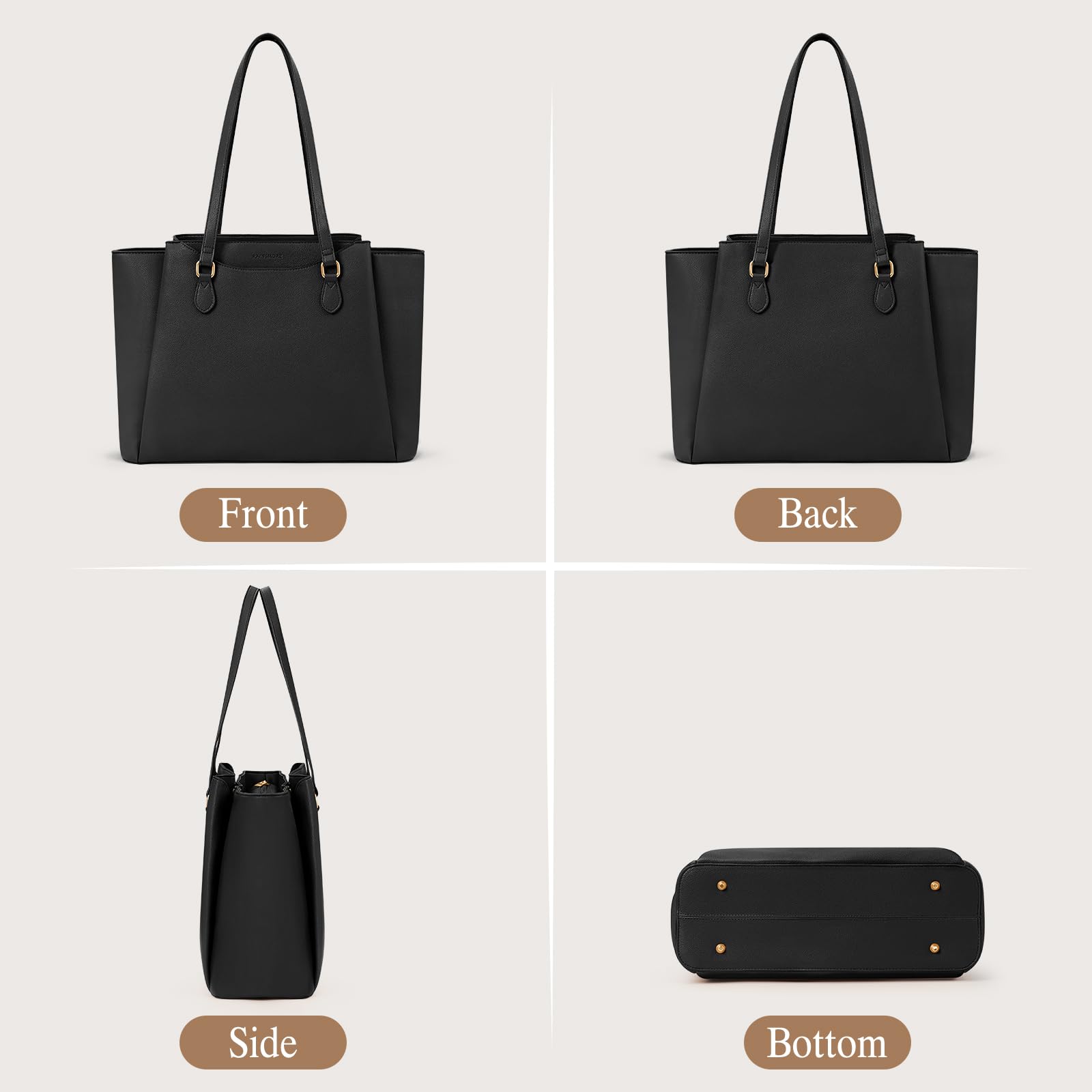 RAINSMORE Handtasche Damen 15,6 Zoll Shopper Tote Bag PU Leder Laptoptasche Business Schwarz