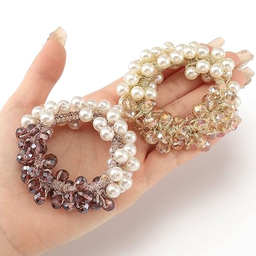 Brinie Lazos para el cabello de perlas con diamantes de imitación champán bandas elásticas para el cabello soporte para cola de caballo sin arrugas