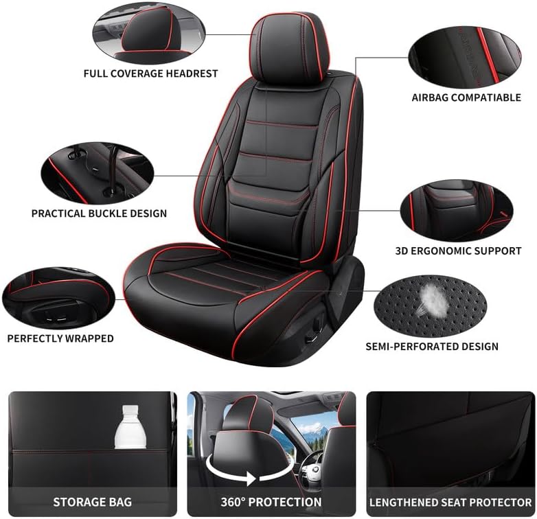 Car Seat Covers Full Set Custom Fit for Chevrolet/Chevy Malibu 2000-2025 2026-Premium Faux Leather with Lumbar Support, Breathable, Waterproof, Anti-Slip, Durable, Easy to Install (Black&Red,Full Set)
