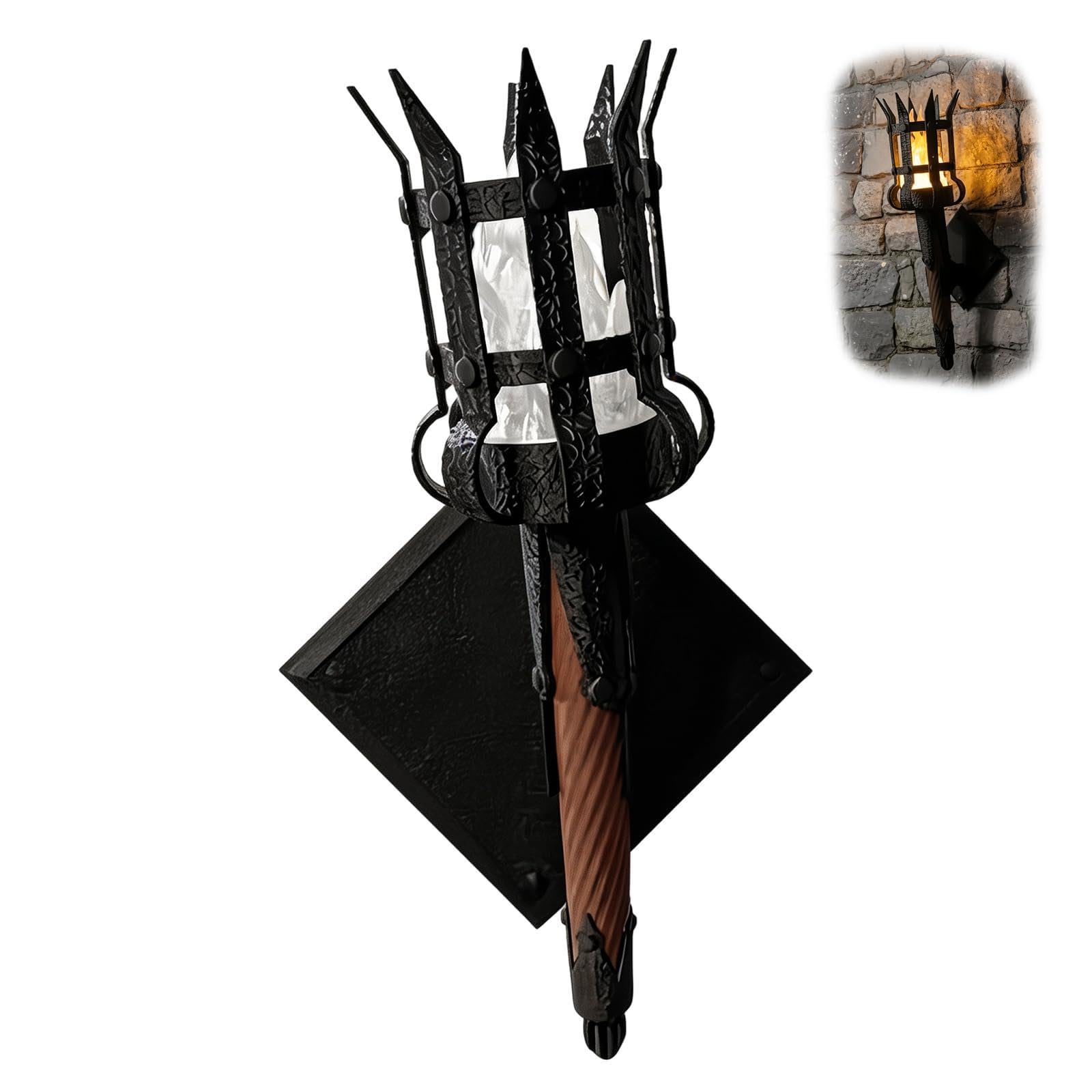 Medieval Torch Wall Sconce LED Faux Flame Light, Gothic Castle Decor, Torch and Wall Mount, Realistic Flickering Flame for Game Rooms, Bedrooms, and Dungeon-Themed Spaces (White)