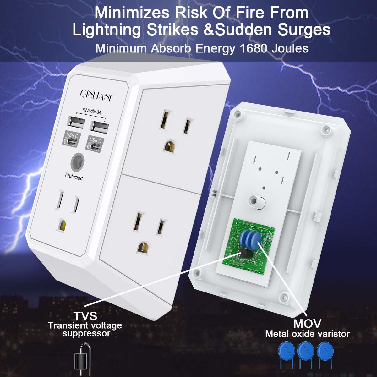 Cargador de pared USB, protector de sobretensión, extensor de 5 salidas QINLIANF con 4 puertos de carga USB (4.8 A en total) regleta de alimentación de 3 lados 1680J, adaptador de pared espaciado para