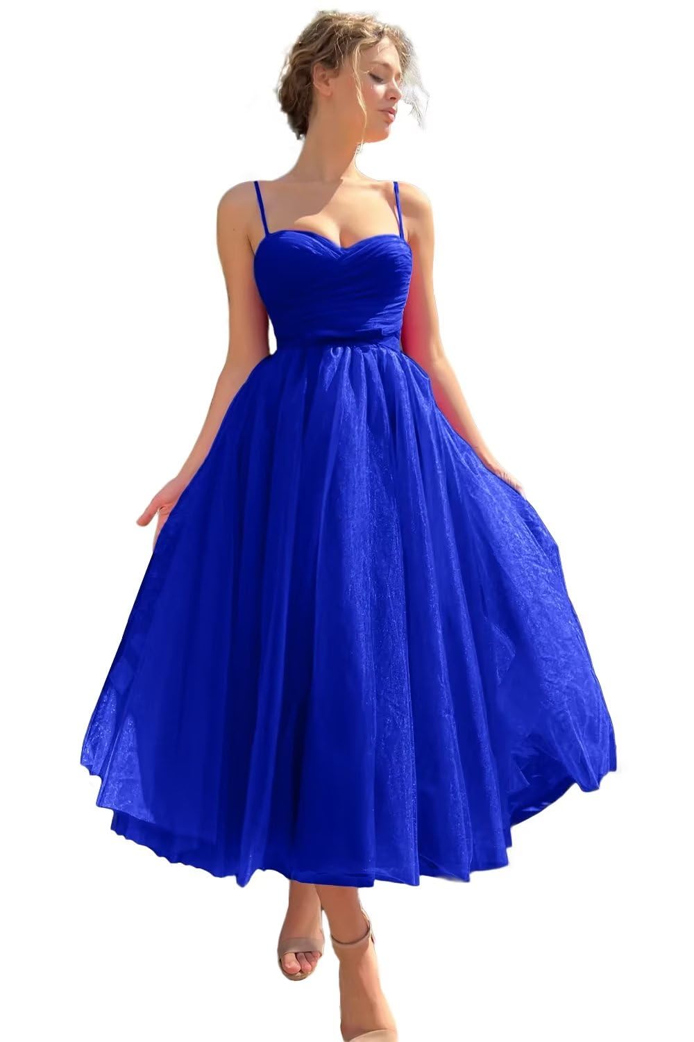 Sevintage Spaghetti Straps Tulle Prom Dress Tea Length Formal Party Evening Dress with Pockets
