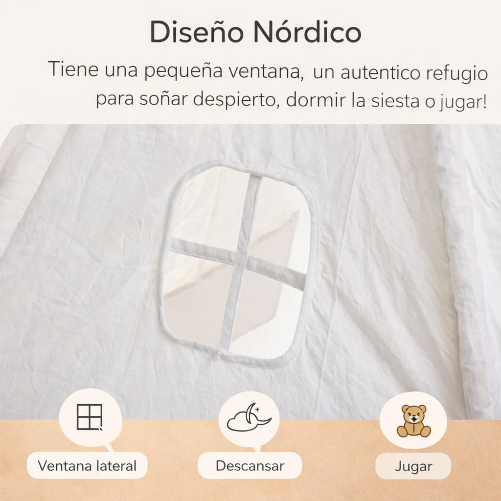 LUVODI Tipi Infantil De Algodón 100% – Tienda De Campaña De 120x120x160 Cm Con Ventana Y Postes De Madera Natural