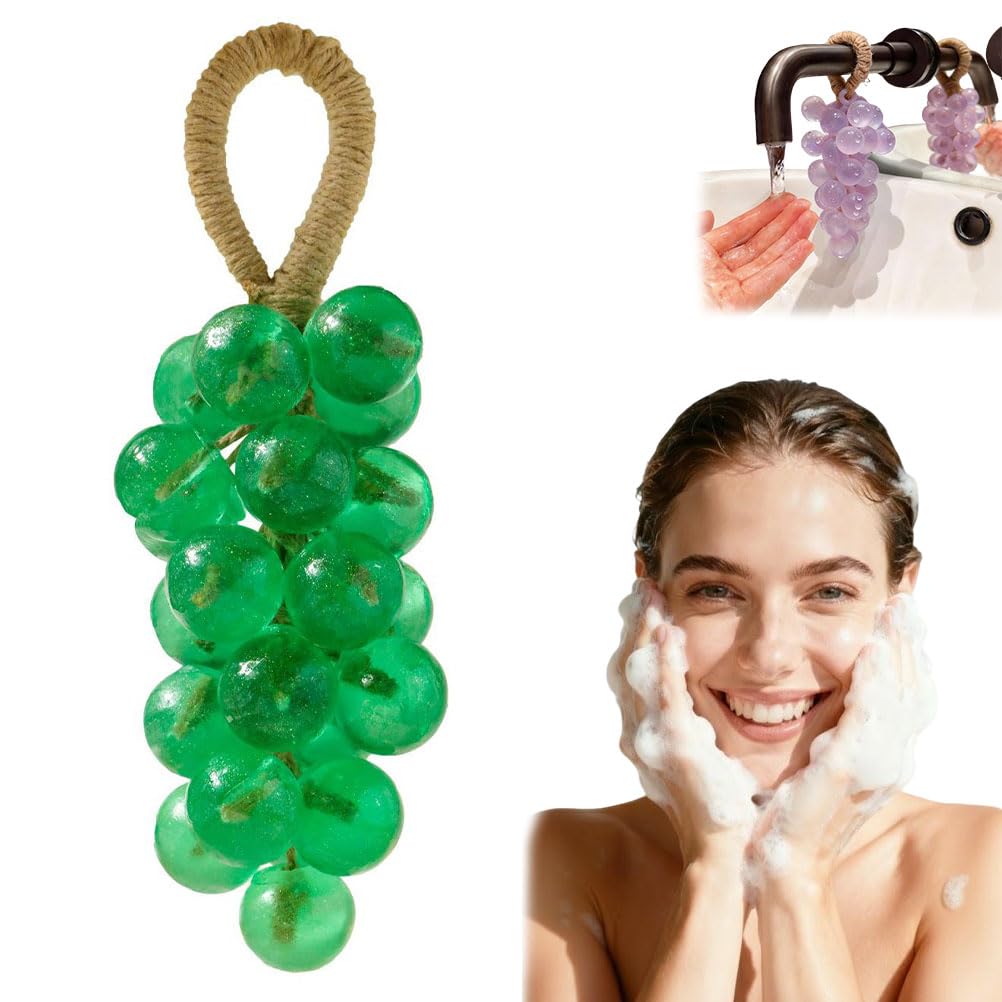 Grape Soap on a Rope, Handmade Grape Cluster Bar for Hand & Face, Natural Cold Process Soap with Long-Lasting Fragrance for Christmas or Birthday Gift (1, Pine scent (Round))