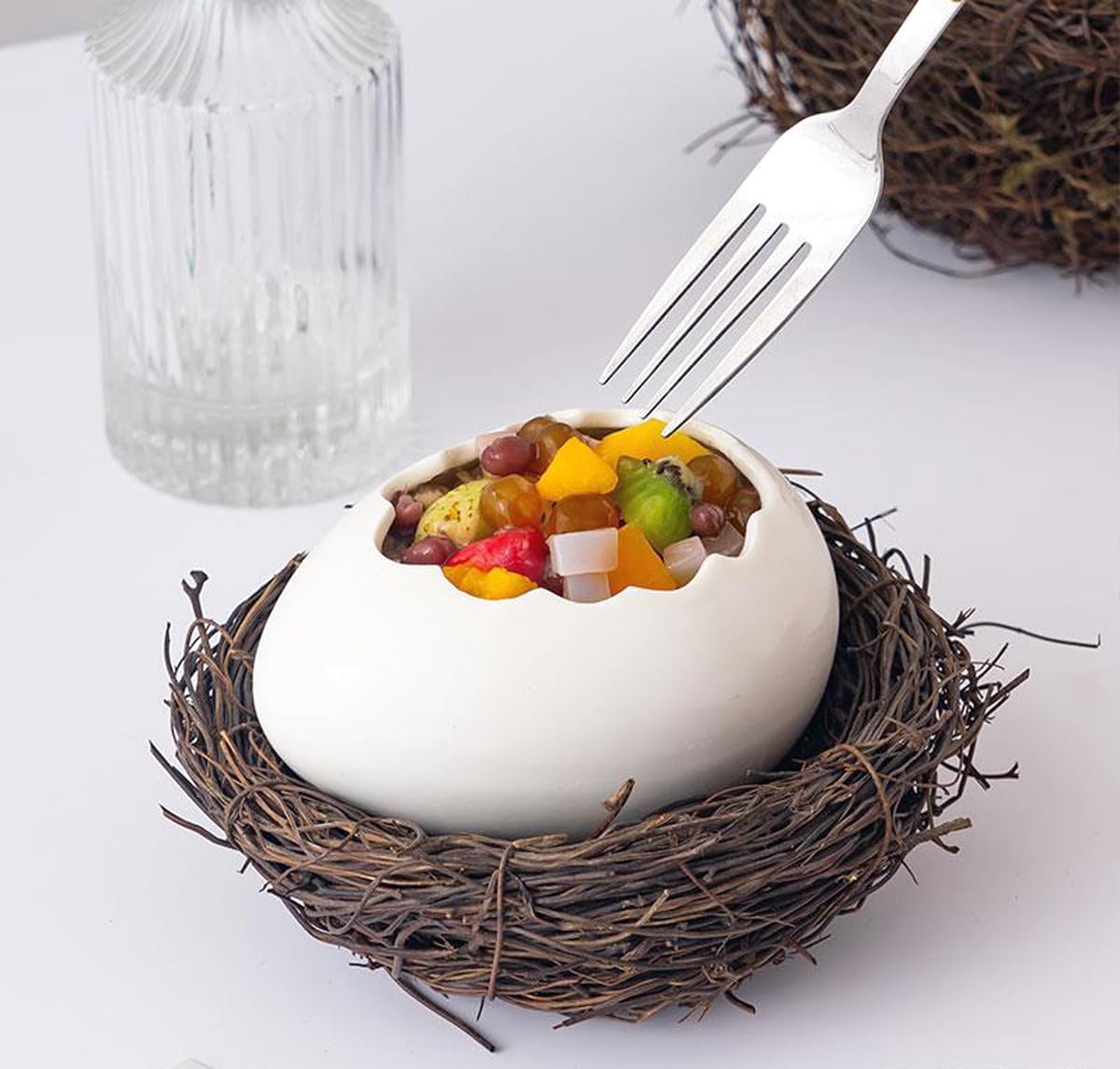 Easter 6" Ostrich Egg Shaped Dessert Bowl, White Egg Dinner Bowl Ceramic Cereal Bowl, Pasta, Salad, Soup, Grain, Oatmeal, Kitchen Shatterproof Crack-Proof Porcelain Cutlery Bowl (Exclude Nest)
