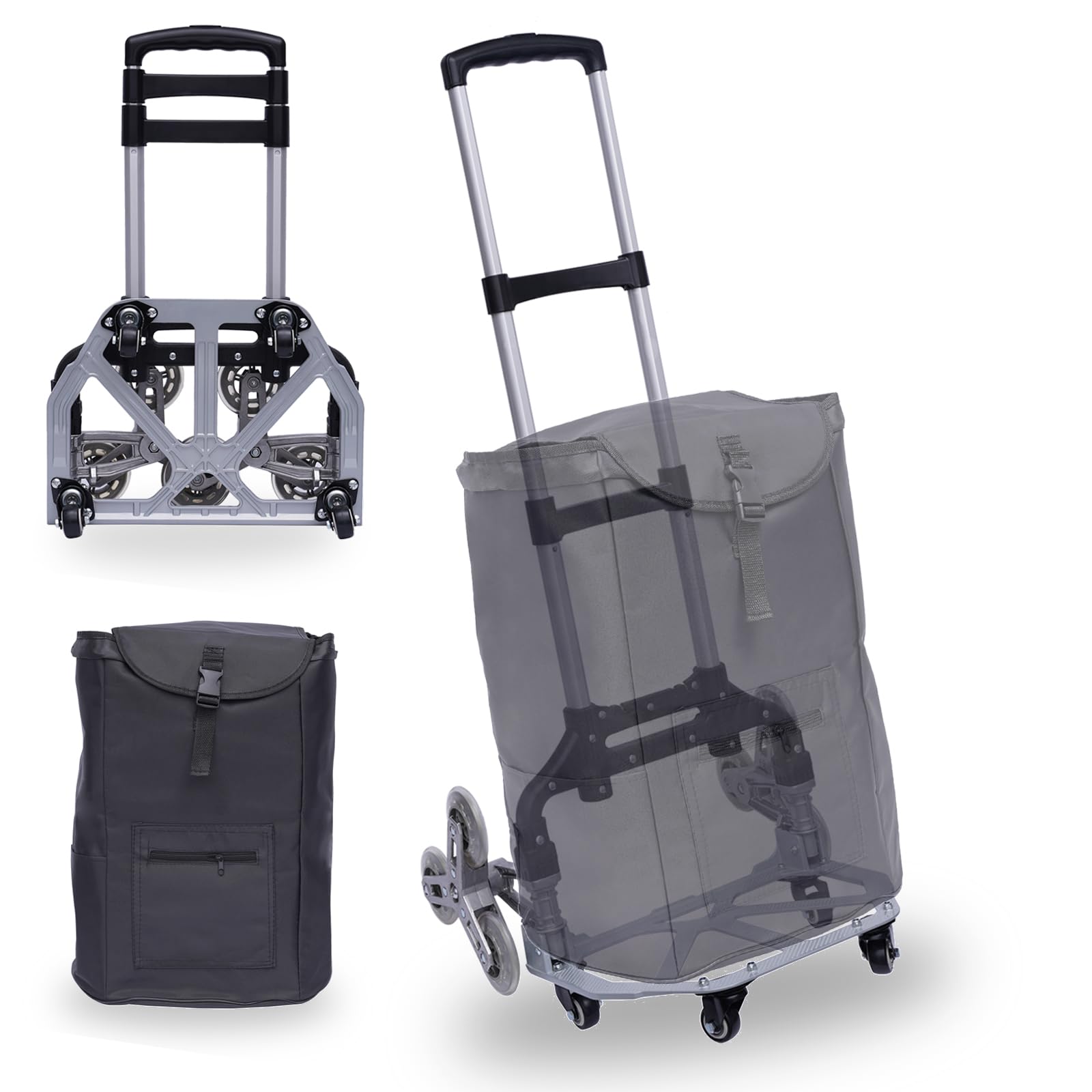 Carretilla plegable de aluminio, carretilla de transporte de hasta 75 kg, con bolsa de lona, cuerda elástica, carretilla de 6 ruedas, carretilla para escaleras para casas, tiendas