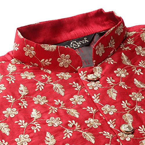 Image of SOJANYA (Since 1958 Men's Cotton Linen Maroon Kurta and White Pyjama with Mustard Cotton Nehru Jacket