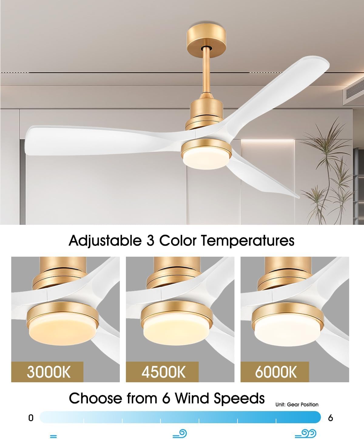 White and Gold Ceiling Fans with Lights and Remote, 52inch Modern Gold Ceiling Fan ETL Listed, 3 Downrods, 3 blade Gold Fan Reversible Quiet DC Motor, Timer,6-Speed for Outdoor Indoor,52in,White Gold thumbnail