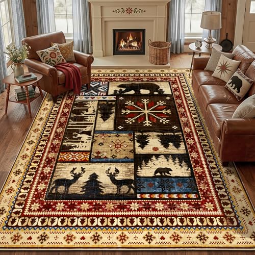 LOKHOM Rustic Cabin Area Rug 8x10, Machine Washable Bear Print Rug, Non-Slip Low Pile Soft Large Southwestern Lodge Rug for Bedroom Living Room Dining Room