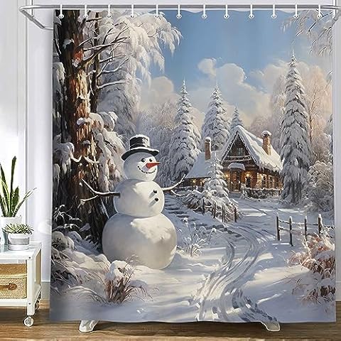 MERCHR Christmas Snowman Shower Curtain, Winter Snow Trees Rustic Farmhouse Bathroom Curtains, Durable Waterproof Fabric Bathtub Sets Home Decor 71 x 71 Inch Cover
