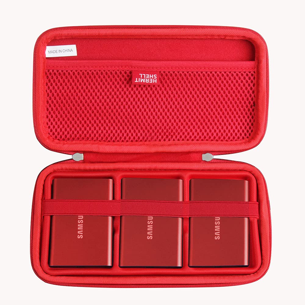 Hermitshell Hard Travel Case for Samsung / T7 / T7 Touch Portable SSD 1TB 2TB 500GB USB 3.2 External Solid State Drive (Case for 3 Hard Drives, Red)