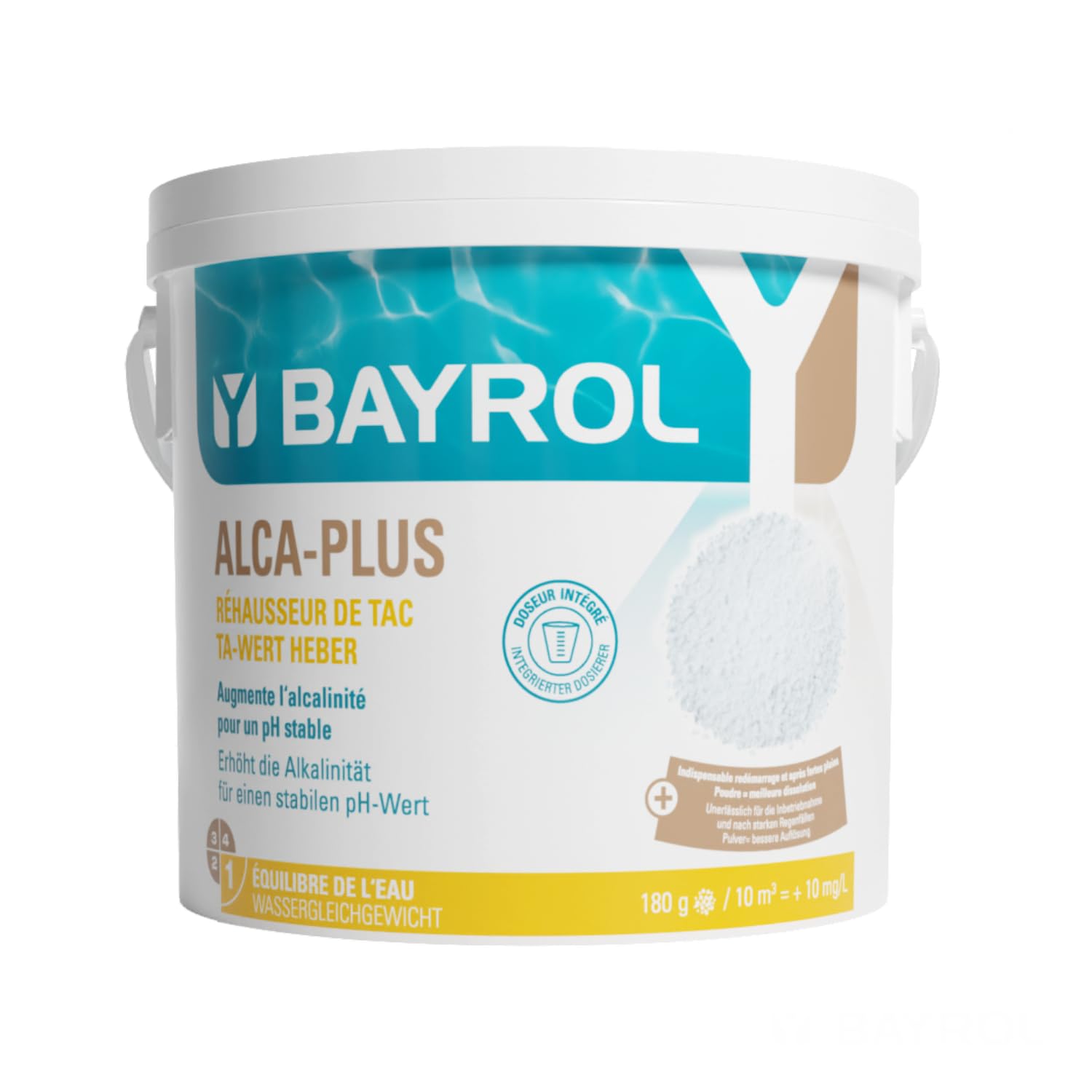 BAYROL e-Alca-Plus® 5 kg - Augmente Le TAC Piscine - Stabilise Le pH - Alcalinité Piscine - Doseur Inclus - Granulés Dissolution Rapide