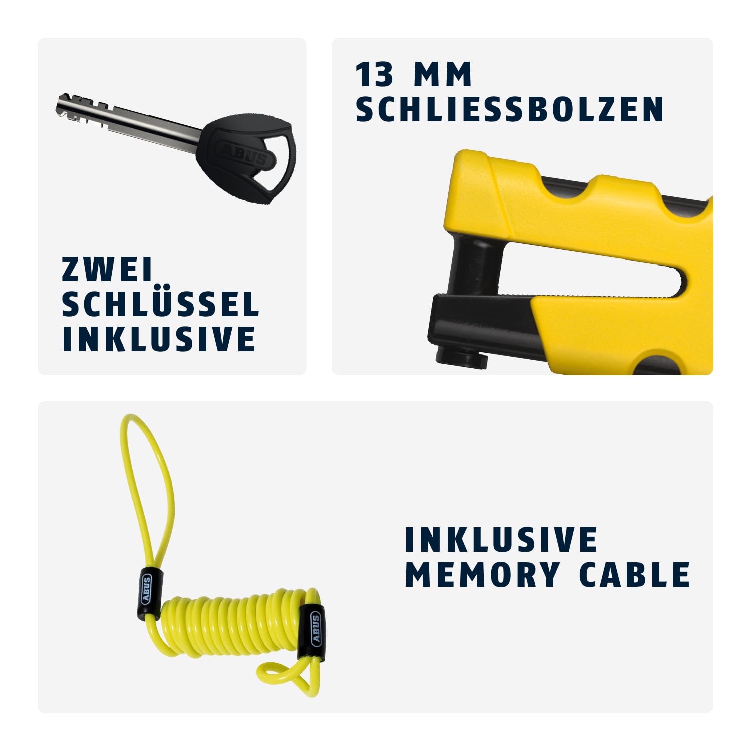 ABUS Bremsscheibenschloss Granit Sledg 77 grip yellow - Motorradschloss mit sicherem XPlus Zylinder und Erinnerungskabel - ABUS Sicherheitslevel 17 - Gelb