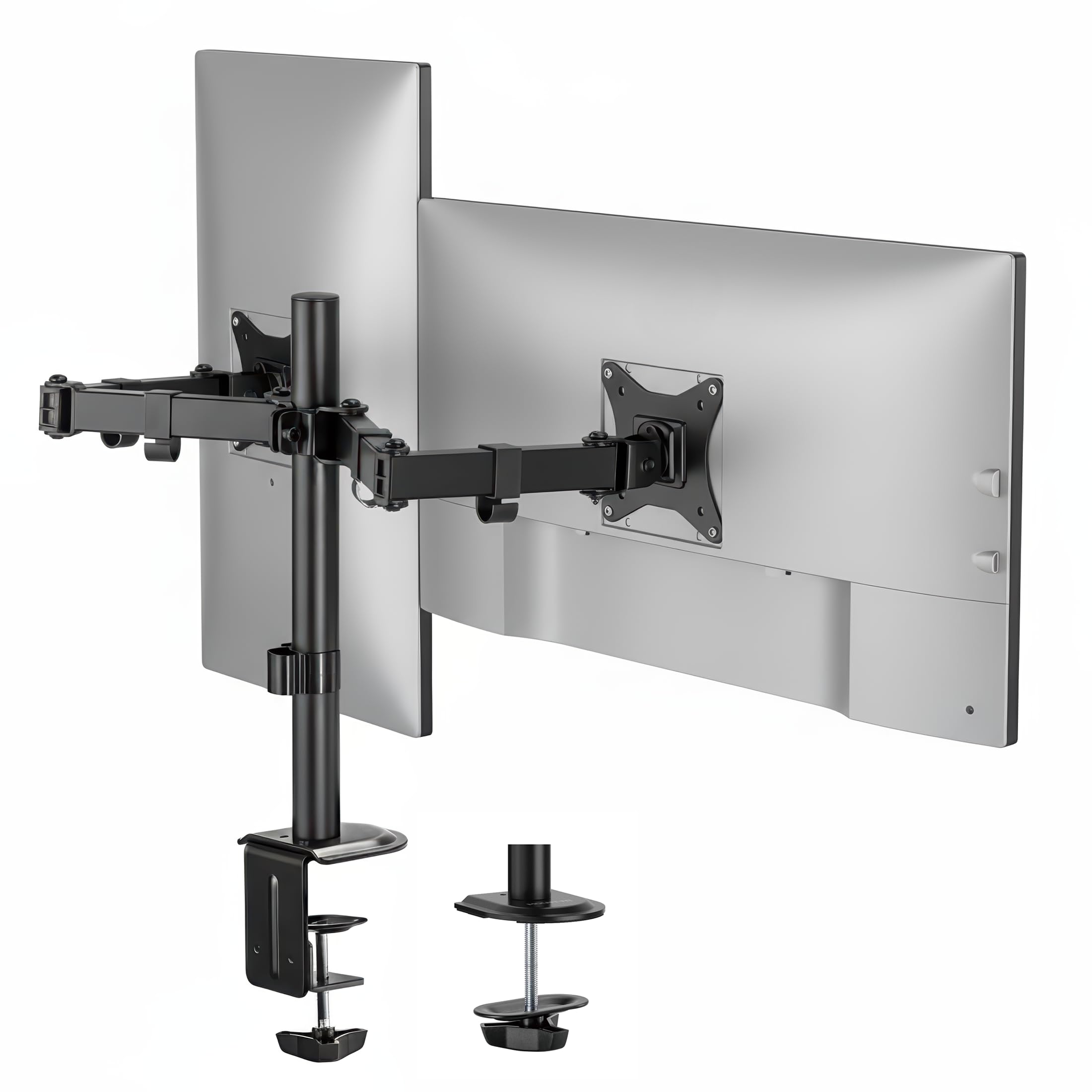 Mount-It! Dual Monitor Stand, Full Motion Desk Mount for 2 Screens up to 32” and 19.8 lbs Each, Tilt Swivel Rotate, VESA 75x75 & 100x100, Adjustable Dual Screen Arm with C-Clamp or Grommet