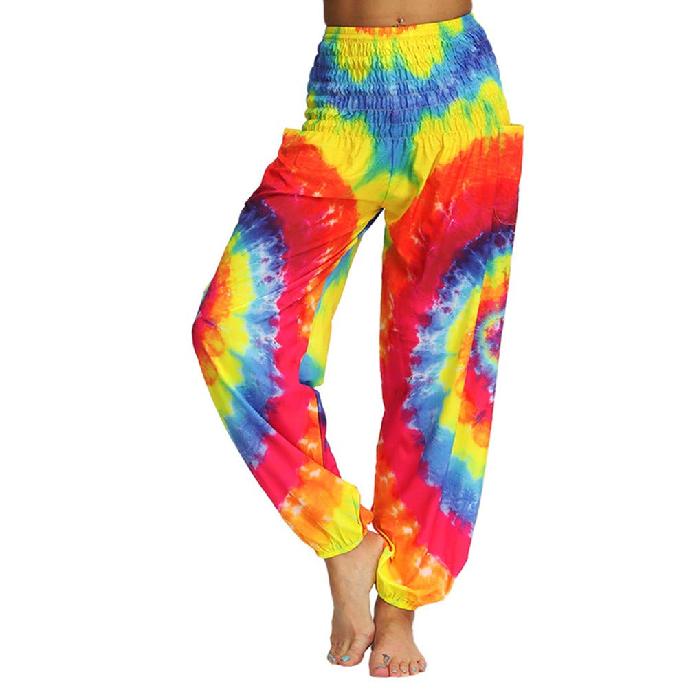 Fansu Women's Rainbow Bohemian Pants Pocket, Loose Floral Baggy Harem Pants Yoga Printed High Waist Smocked Trousers For Pilates Summer Beach (One Size,)