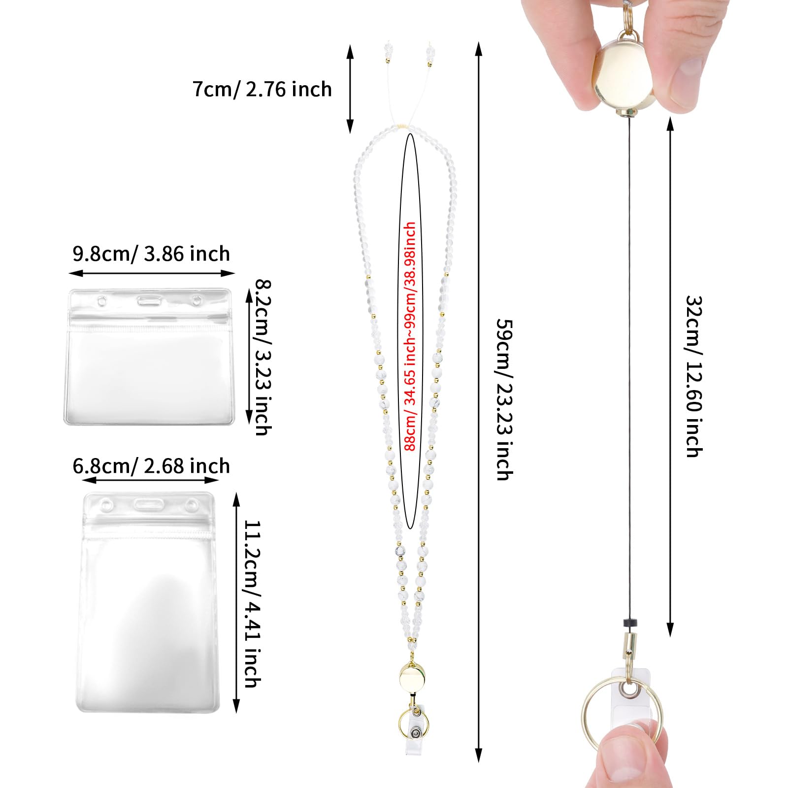 Retractable Lanyards for ID Badges, Natural Stone Beaded Teacher Necklace Lanyard with ID Holder Breakaway Cute Work Badges for Cards and Keys Ideal for Cruise Office School (White) - Image 2