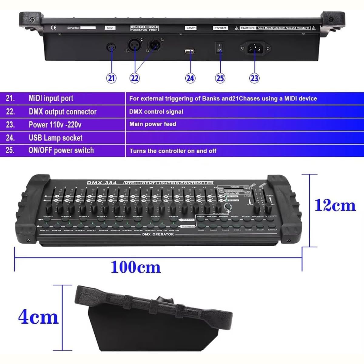 DMX512-Lichtsteuerung, 384 Kanäle DJ-Bühnenlichtsteuerung, unterstützt 30 Bänke, 8 Szenen und 24 Vorrichtungen. Bühnenlichtkonsole zur Programmbearbeitung von DJ-Lichtern in Shows, Bars und Clubs