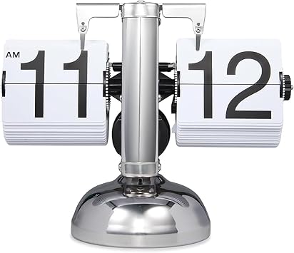 Retro Flip Clock,Auto Flip Clock,Metal Stand, Battery Powered, Large Numbers with AM/PM, for Living Room and Office Decor White