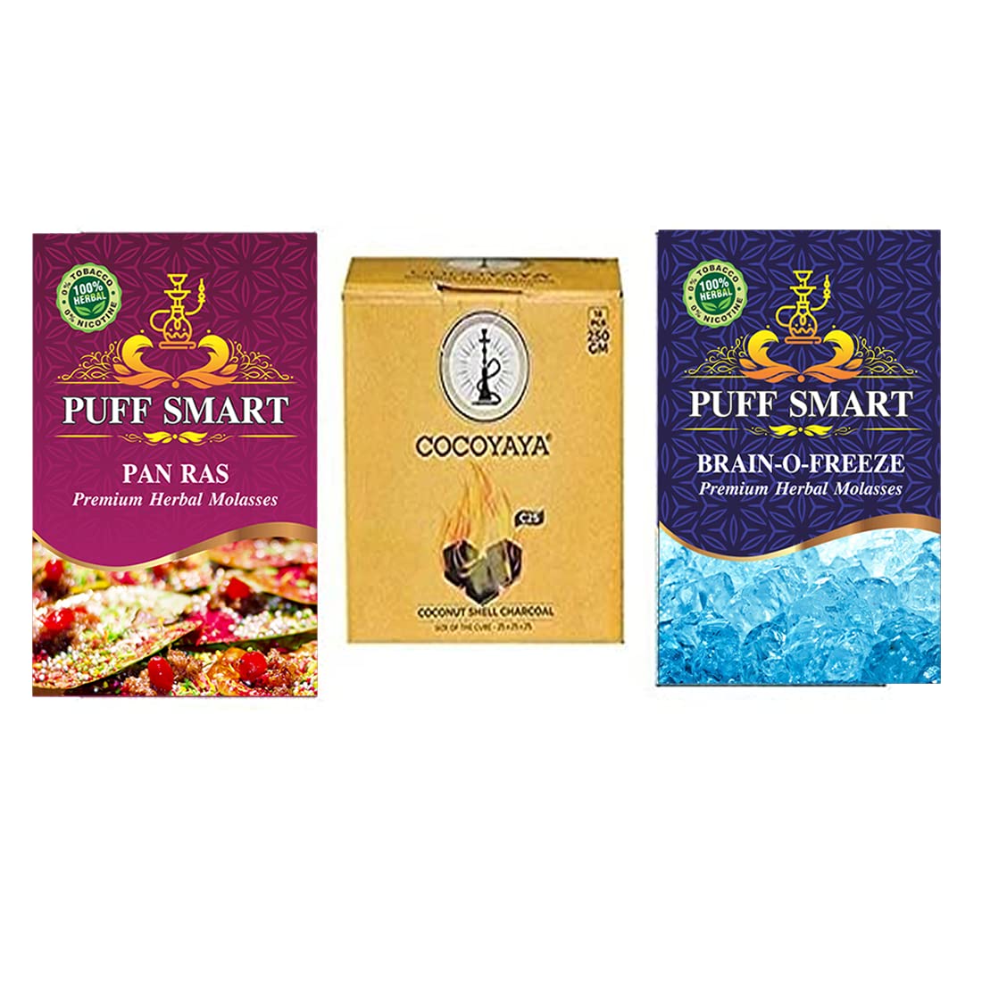PUFF SMART Premium Herbal Molasses Pan Ras, Brain-O-Freeze Flavour with 250gm Coconut Coal Combo (Set of 3) (100% Tobacco and Nicotine Free)-image-6