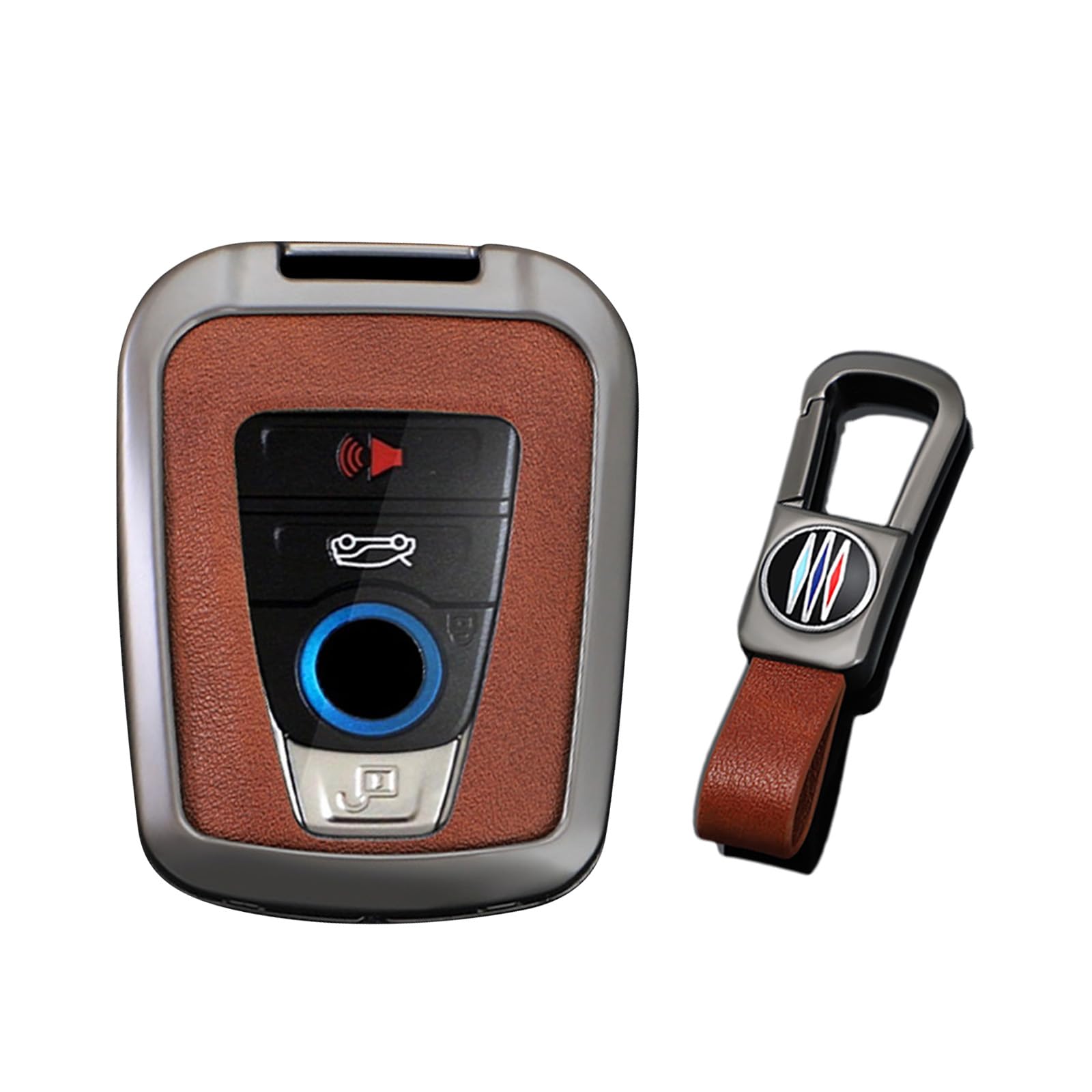 KUNIO PU Leather+Zinc Alloy 4 Button Smart Key Fob Cover Case Fit for BMW 2014-2019 I3 2014-2020 I8 Keyless Key Holder with Leather Keychain Car Accessory C Gun Brown