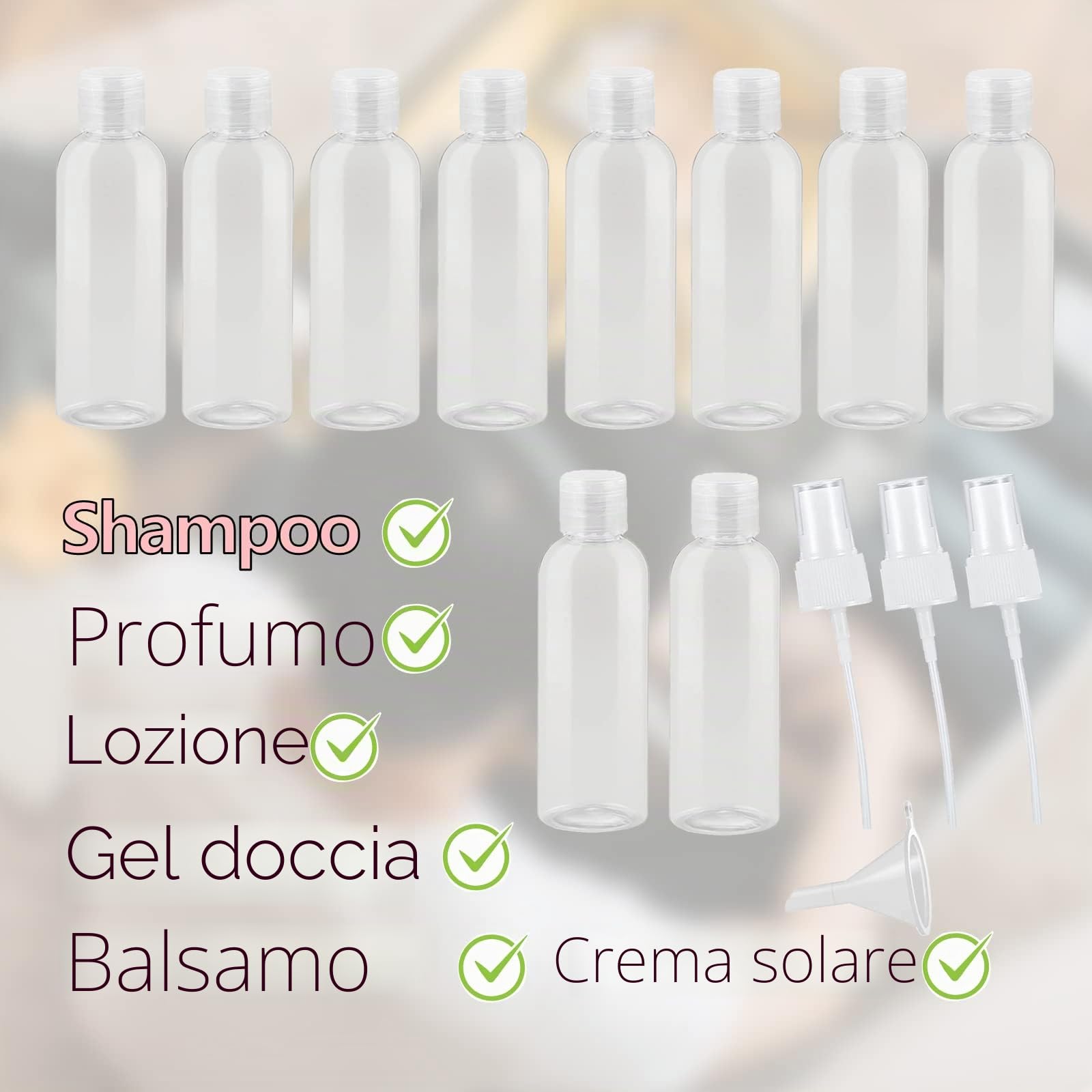 Set di 10 flaconi da viaggio - Flaconi dispenser in plastica trasparente da 100 ml con tappo a scatto, mini flaconi d'aria, contenitori per gel doccia da viaggio in PET per lozione di riempimento