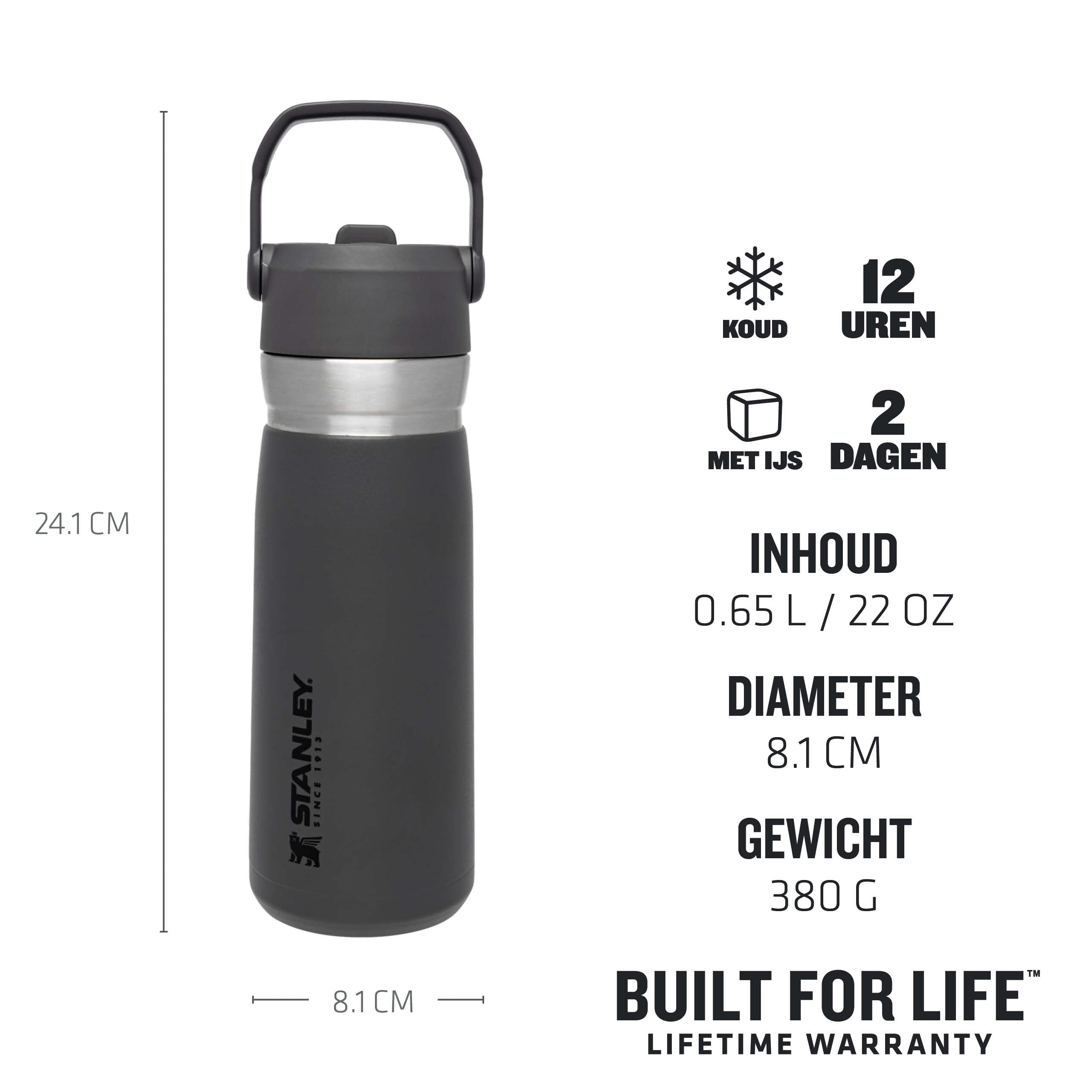 Stanley 1913 IceFlow Flip Straw Waterfles 0.65L Polar - Leakproof - Roestvrijstalen Waterfles met Rietje - BPA Vrij - Makkelijk Mee Te Nemen - Vaatwasmachinebestendig
