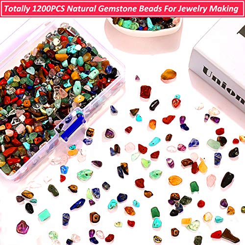Stone Beads for Jewelry Making, 1200PCS Natural Chip Stone Beads Irregular Gemstone Loose Beads Mixed Color Healing Crystal Rock Beads Hole Drilled for DIY Art Crafts(20 Colors - 1200PCS)