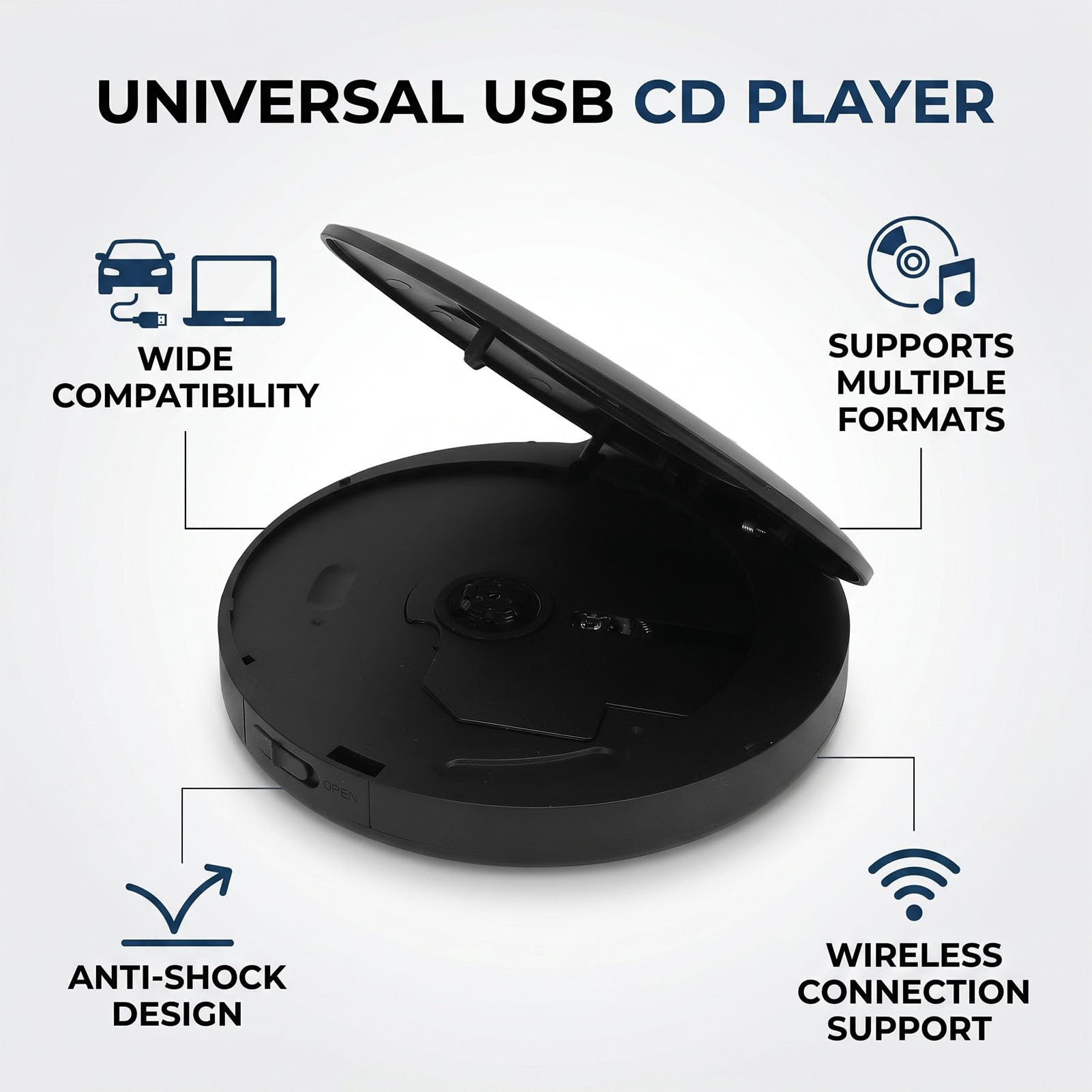 Lettore CD esterno per auto, interfaccia USB Bluetooth, lettore musicale portatile antiurto, compatibile con computer portatile e TV