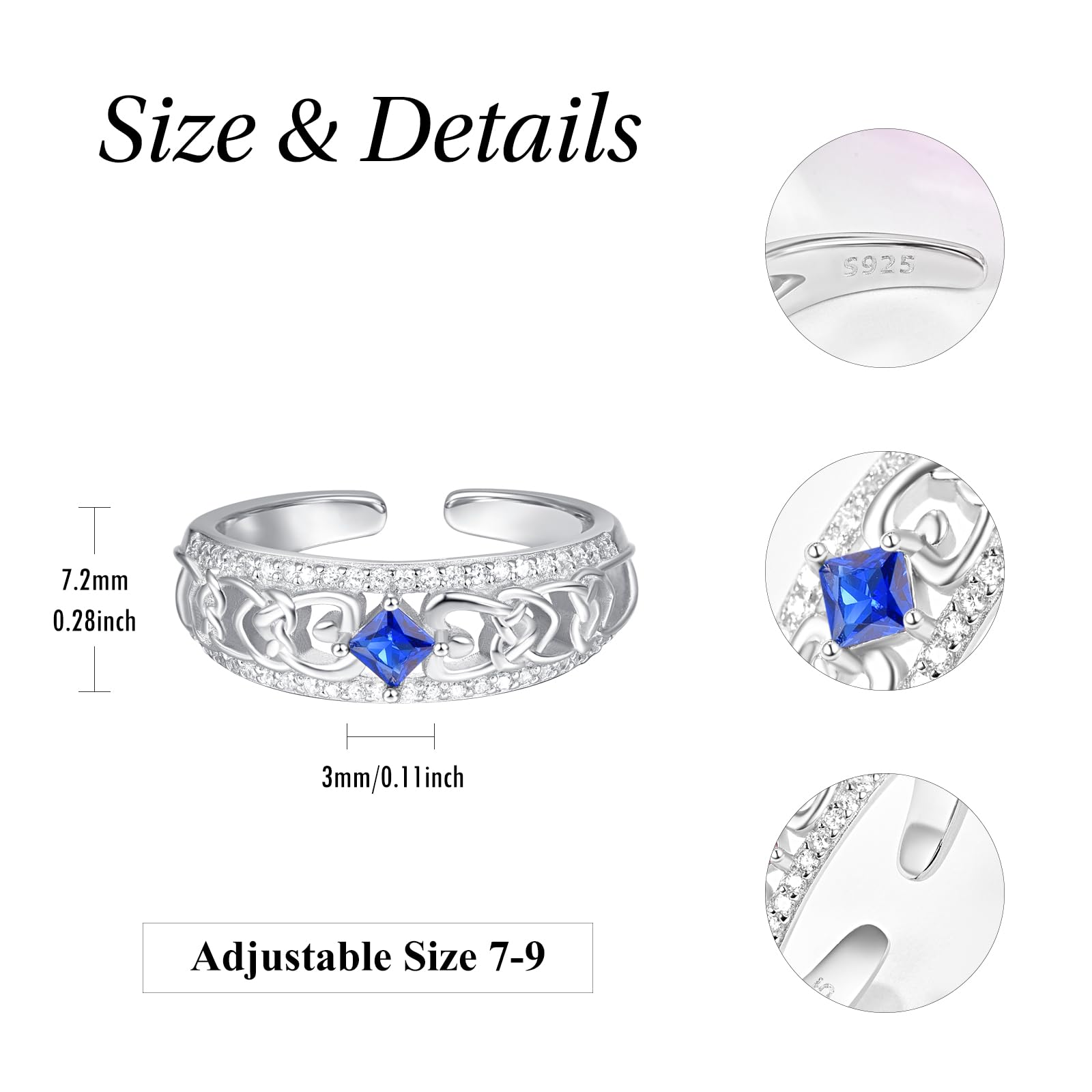 KINGWHYTE Keltischen für Frauen 925 Sterling Silber Keltischer Knoten Geburtsstein Offener Ring Versprechen Verlobungsschmuck Geburtstagsgeschenke für Frauen Mädchen