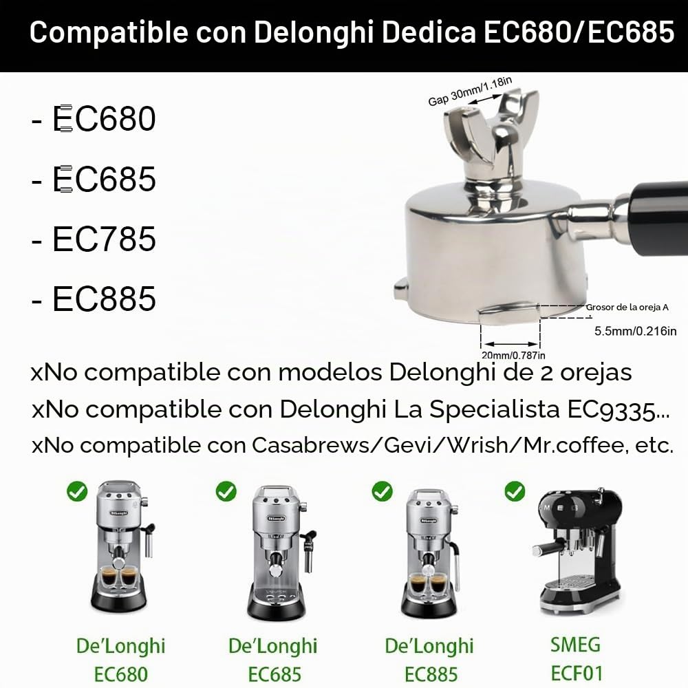 Portafiltro de 51 mm con 3 orejas y doble pico para Delonghi Dedica EC680/EC685/EC785/EC820/EC850/EC860, cesta filtrante con asa de ABS y portafiltro de acero inoxidable, negro