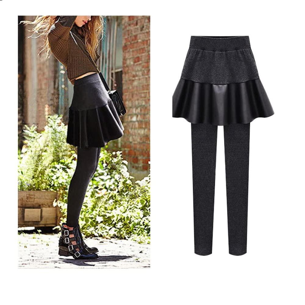 Thermoleggins Für Damen,Damen Thermal Leggings Fashion Plus Size Gefälschte Zwei Graue Pu-Leder Faltenrock Hoch Taillierte Leggings Dickes Fleece Gefüttert Dehnbare Hose Strumpfhose Für Winter O